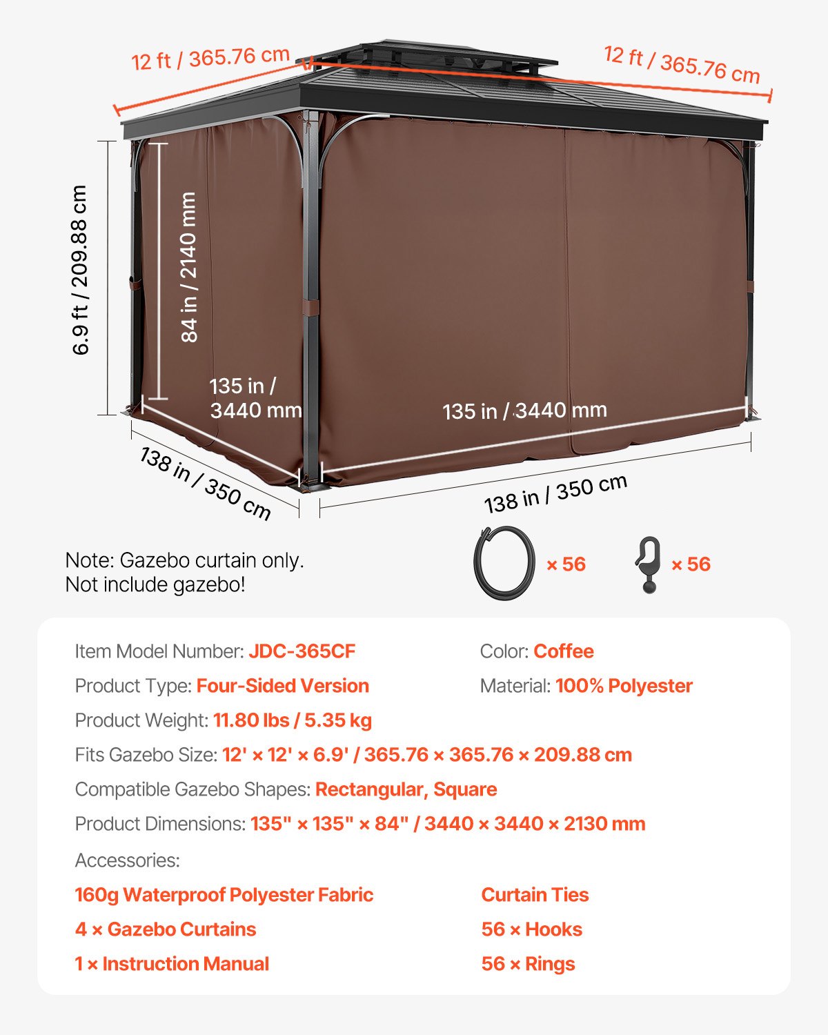 Gazebo Curtains Outdoor, 12' x 12' x 6.9' Gazebos, 4-Panel Sidewall Gazebo Privacy Curtains with Zippers, Outdoor Curtain Replacement for Patio Canopy, Only Curtain, Coffee