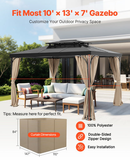Gazebo Curtains Outdoor, 13' x 10' x 7' Gazebos, 4-Panel Sidewall Gazebo Privacy Curtains with Zippers, Outdoor Curtain Replacement for Patio Canopy, Only Curtain, Khaki