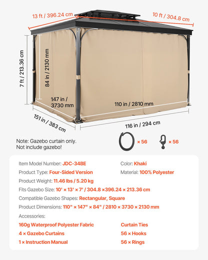 Gazebo Curtains Outdoor, 13' x 10' x 7' Gazebos, 4-Panel Sidewall Gazebo Privacy Curtains with Zippers, Outdoor Curtain Replacement for Patio Canopy, Only Curtain, Khaki