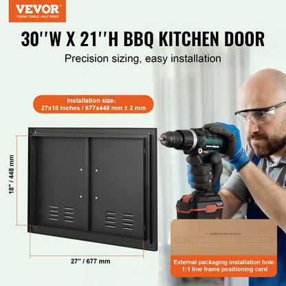 BBQ Access Door, 762x533 mm Double Outdoor Kitchen Door, Cold Plate Flush Mount Door, Wall Vertical Door with Handles and Ventss, for BBQ Island, Grilling Station, Outside Cabinet