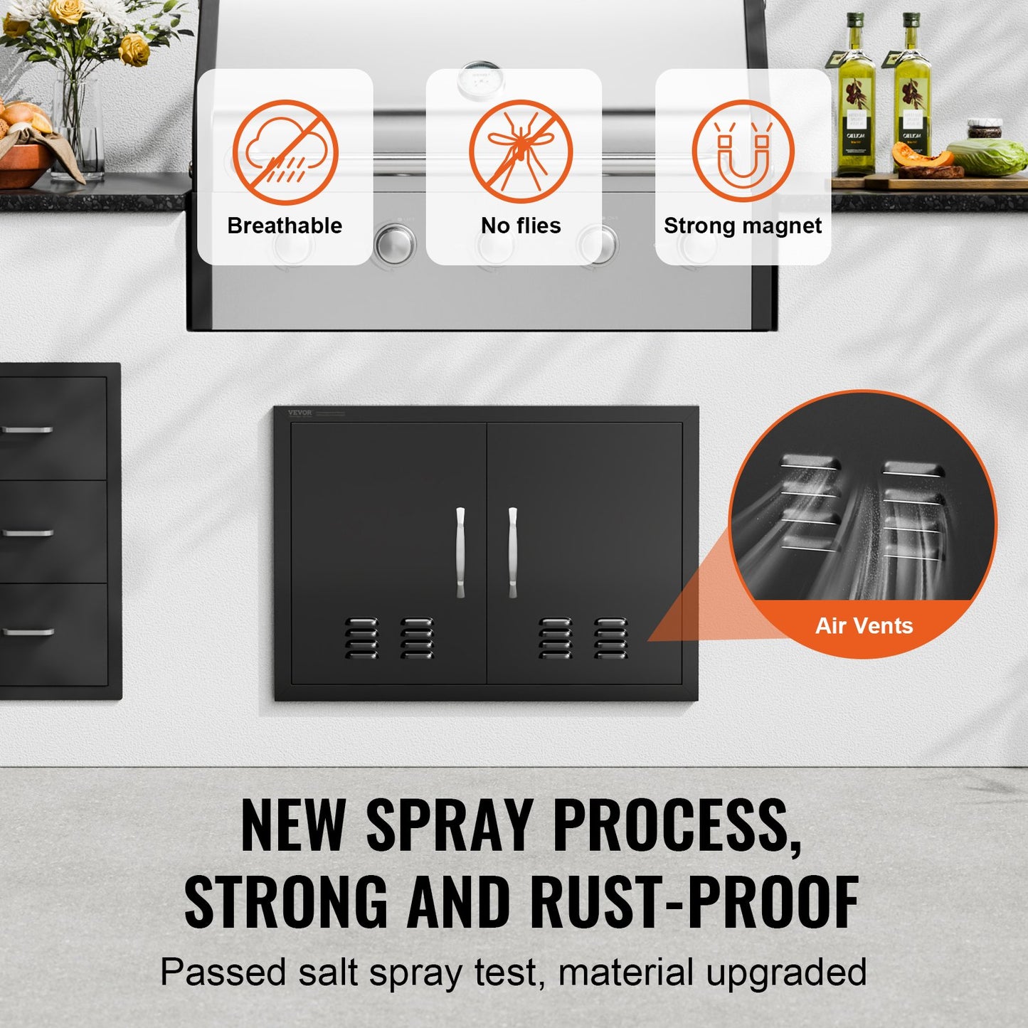 BBQ Access Door, 762x533 mm Double Outdoor Kitchen Door, Cold Plate Flush Mount Door, Wall Vertical Door with Handles and Ventss, for BBQ Island, Grilling Station, Outside Cabinet