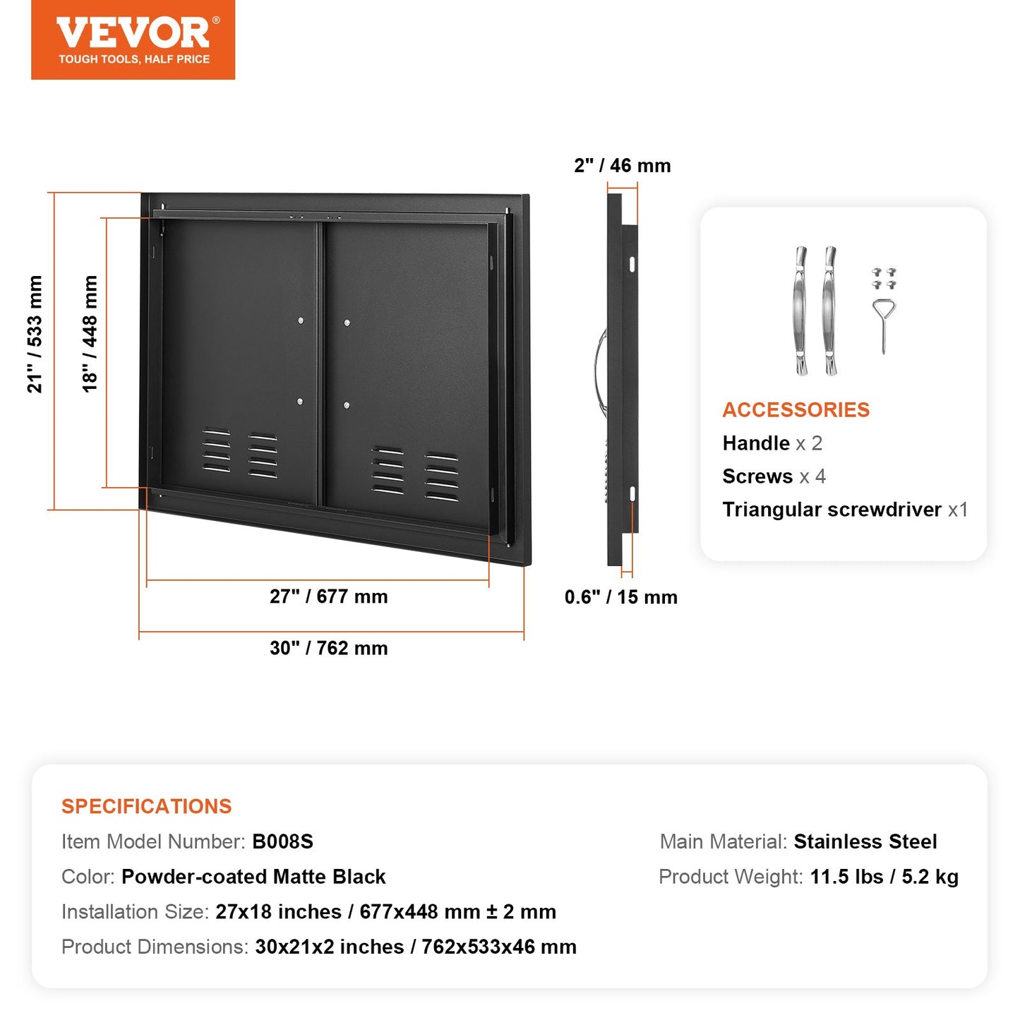 BBQ Access Door, 762x533 mm Double Outdoor Kitchen Door, Cold Plate Flush Mount Door, Wall Vertical Door with Handles and Ventss, for BBQ Island, Grilling Station, Outside Cabinet