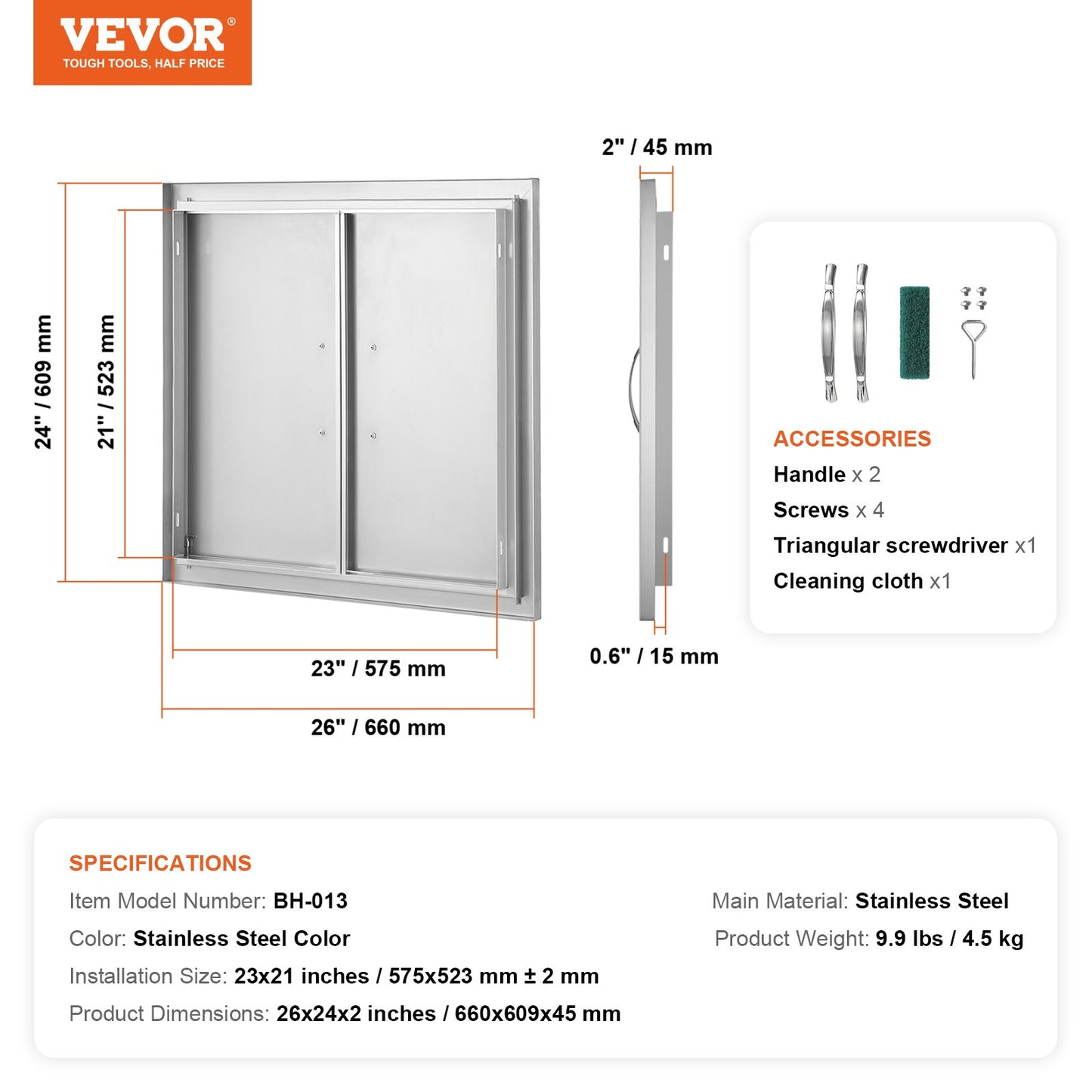 BBQ Access Door, 660x609 mm Double Outdoor Kitchen Door, Stainless Steel Flush Mount Door, Wall Vertical Door with Handles, for BBQ Island, Grilling Station, Outside Cabinet