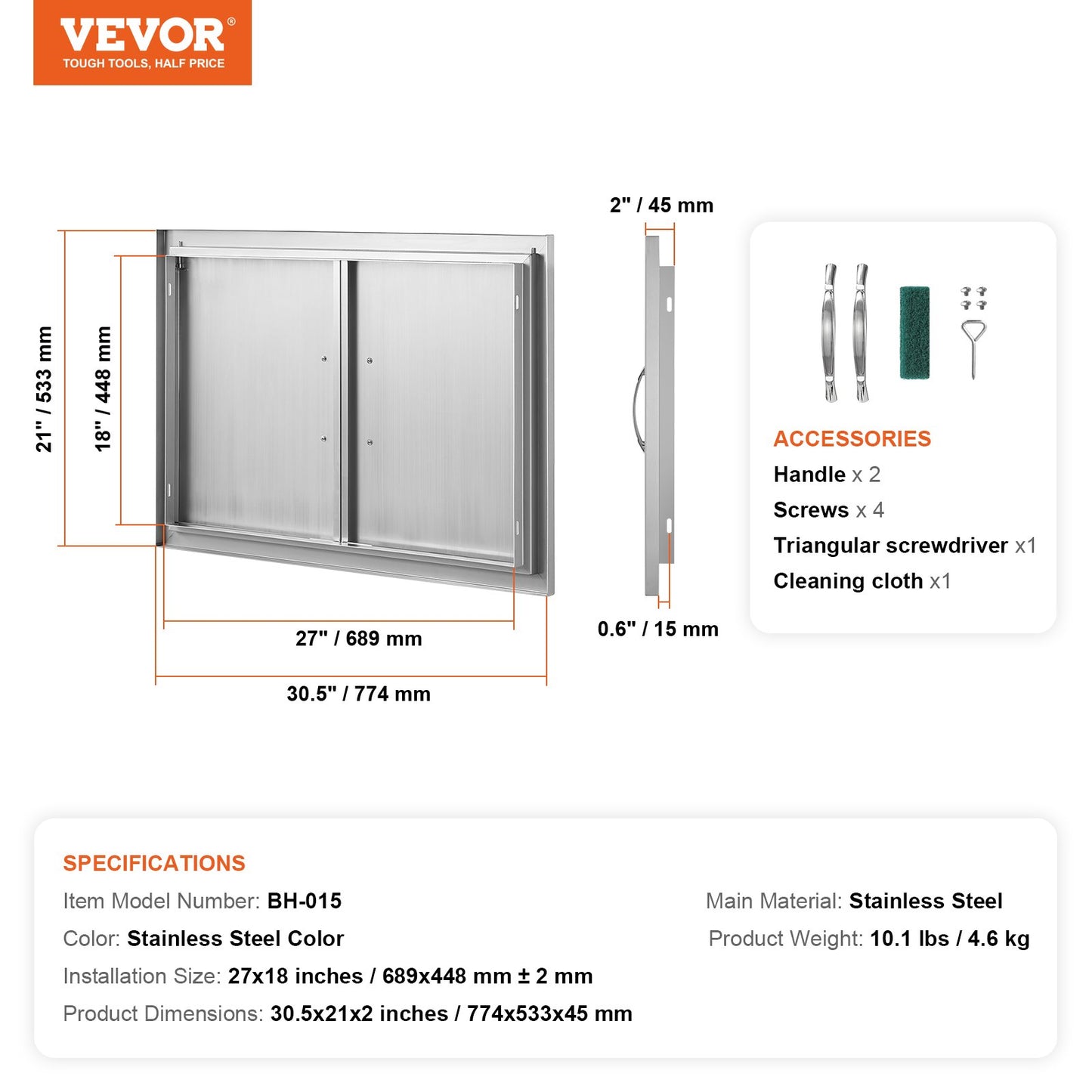 BBQ Access Door, 774x533 mm Double Outdoor Kitchen Door, Stainless Steel Flush Mount Door, Wall Vertical Door with Handles, for BBQ Island, Grilling Station, Outside Cabinet