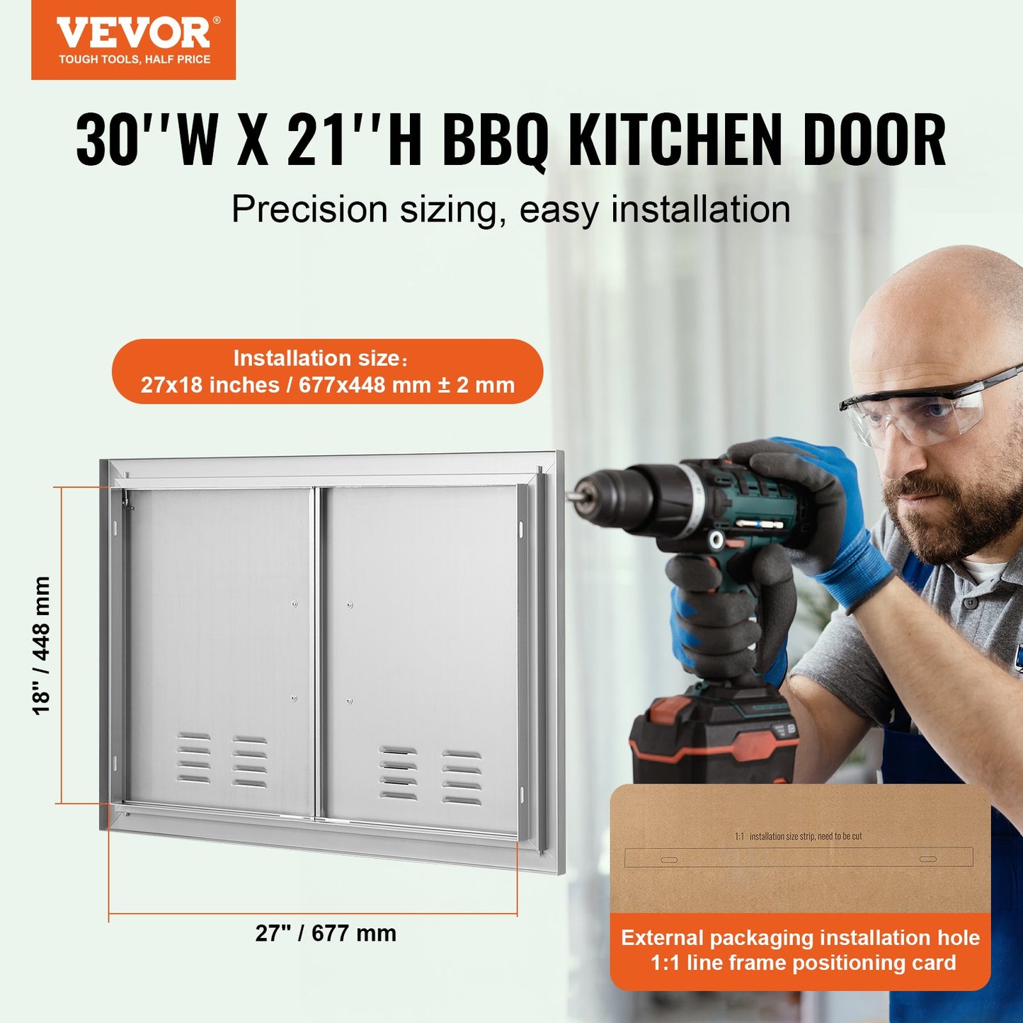 BBQ Access Door, 762x533 mm Double Outdoor Kitchen Door, Stainless Steel Flush Mount Door, Wall Vertical Door with Handles and Vents, for BBQ Island, Grilling Station, Outside Cabinet