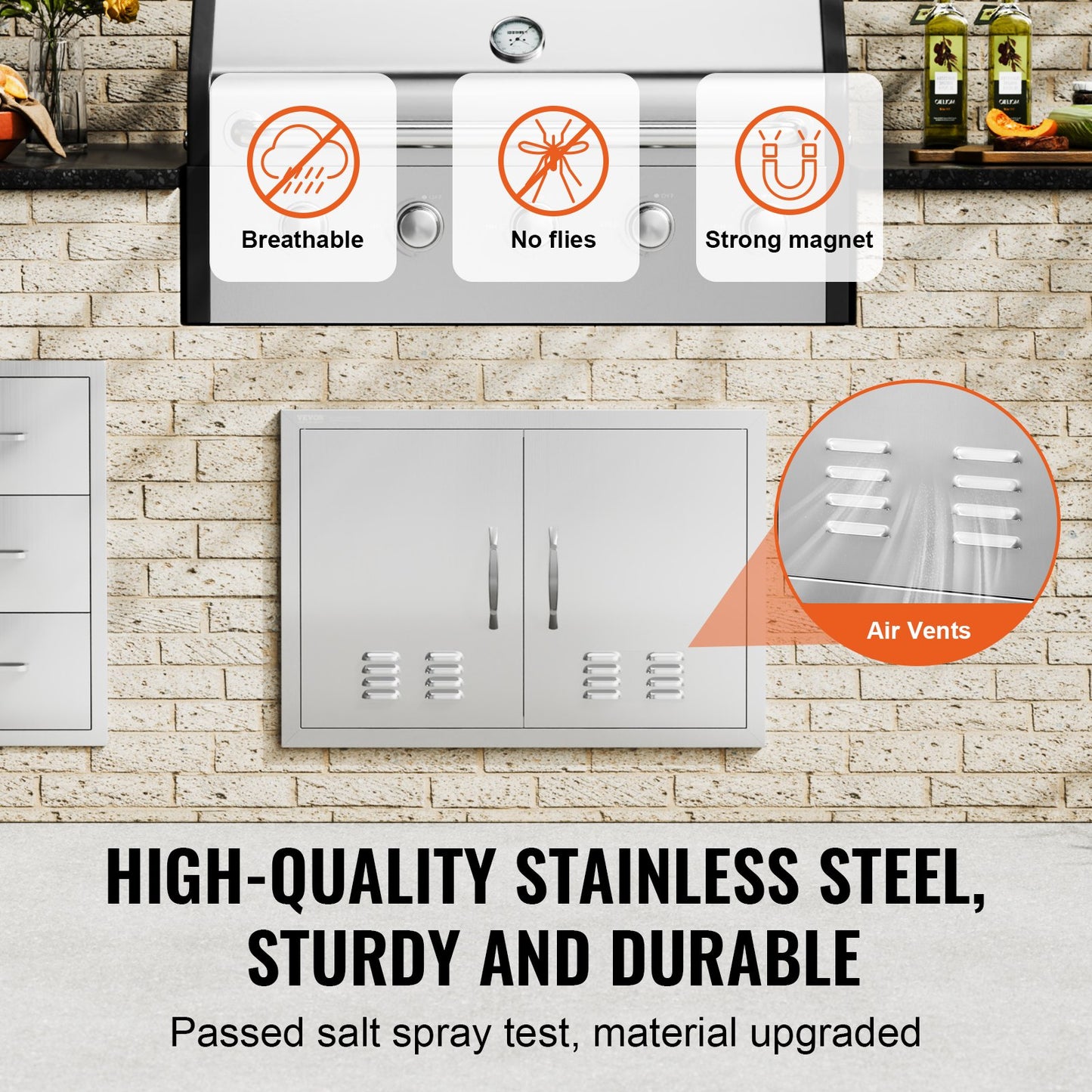 BBQ Access Door, 762x533 mm Double Outdoor Kitchen Door, Stainless Steel Flush Mount Door, Wall Vertical Door with Handles and Vents, for BBQ Island, Grilling Station, Outside Cabinet