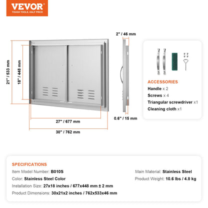 BBQ Access Door, 762x533 mm Double Outdoor Kitchen Door, Stainless Steel Flush Mount Door, Wall Vertical Door with Handles and Vents, for BBQ Island, Grilling Station, Outside Cabinet