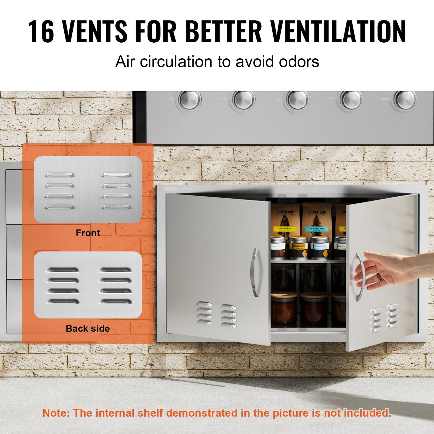 BBQ Access Door, 914x534 mm Double Outdoor Kitchen Door, Stainless Steel Flush Mount Door, Wall Vertical Door with Handles and Vents, for BBQ Island, Grilling Station, Outside Cabinet