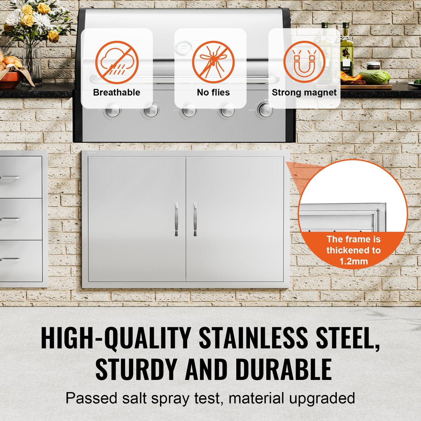 Grilldörr, 990x660 mm dubbel uteköksdörr, infälld dörr i rostfritt stål, vertikal väggdörr med handtag och krokar, för grillö, grillstation, utomhusskåp