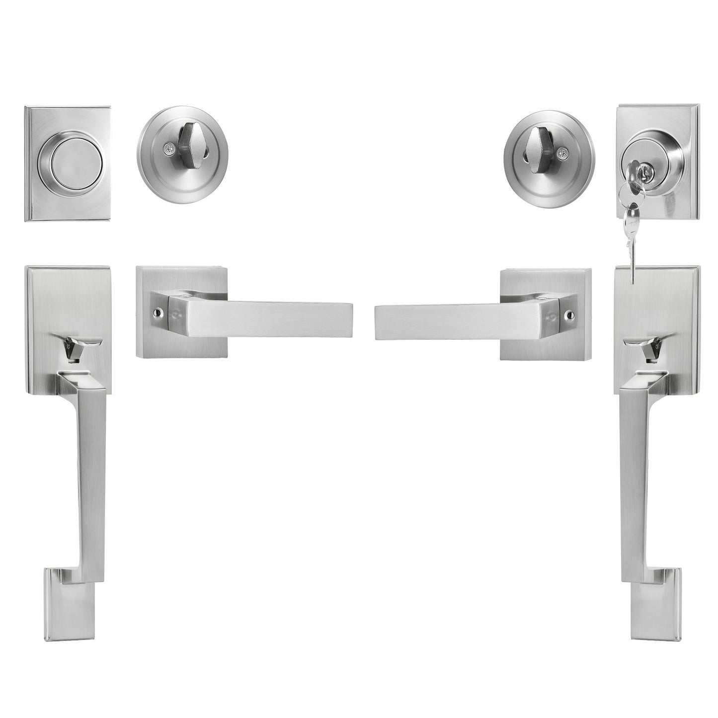 Double Door Handle Set, Double Door Lock Set with Reversible Handle Lever, Satin Nickel Square Door Lever, Heavy Duty Double Front Door Handle Set with Dummy, for Front Door or Office Door