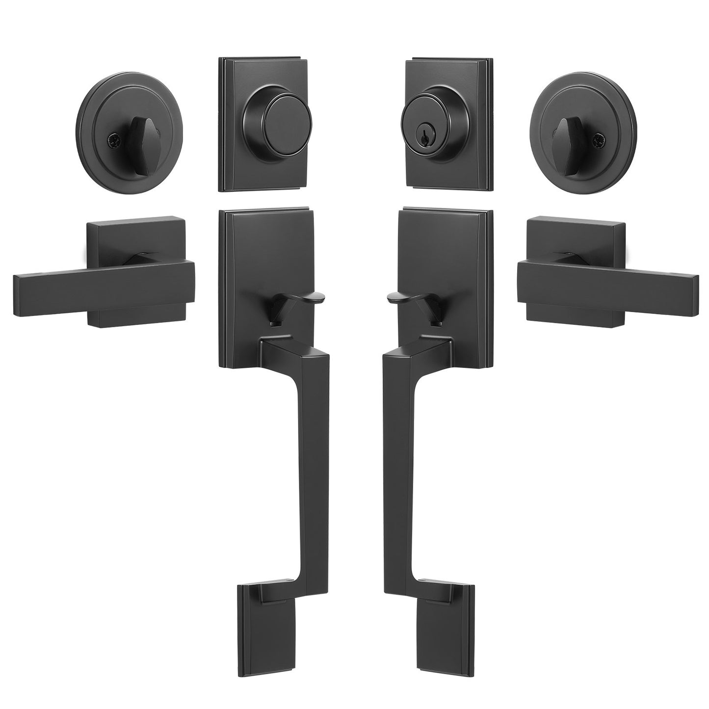 Double Door Handle Set, Matte Black Square Door Lever, Double Front Door Handle Set with Reversible Handle Lever, Heavy Duty Double Door Lock Set with Dummy, for Office Door or Front Door