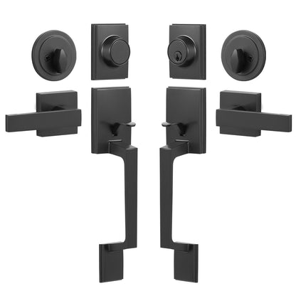 Double Door Handle Set, Matte Black Square Door Lever, Double Front Door Handle Set with Reversible Handle Lever, Heavy Duty Double Door Lock Set with Dummy, for Office Door or Front Door