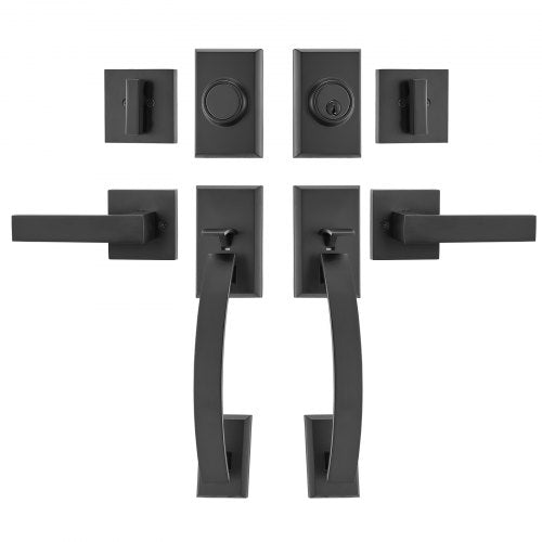 Double Door Handle Set, Matte Black Arched Door Lever, Double Front Door Handle Set with Reversible Handle Lever, Heavy Duty Double Door Lock Set with Dummy, for Office Door or Front Door