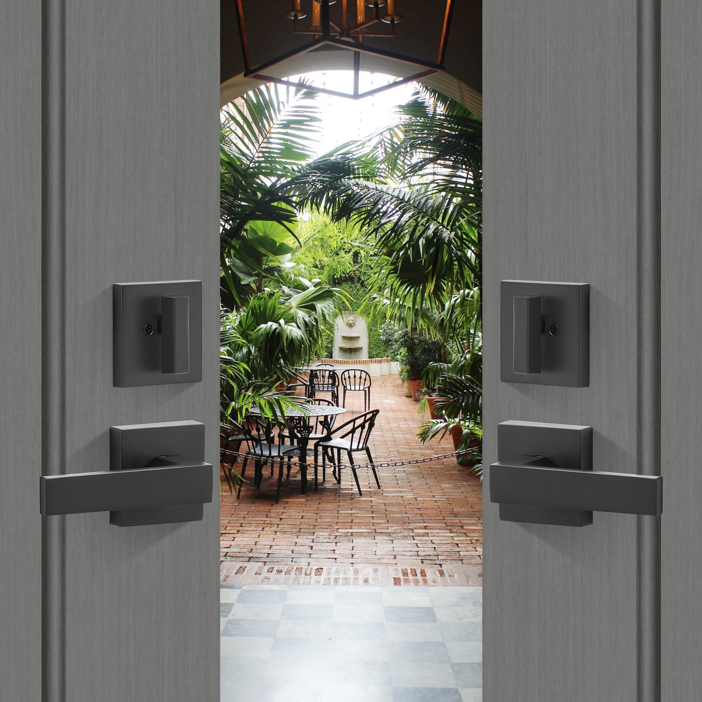 Double Door Handle Set, Matte Black Arched Door Lever, Double Front Door Handle Set with Reversible Handle Lever, Heavy Duty Double Door Lock Set with Dummy, for Office Door or Front Door