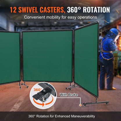 Welding Screen with Frame, 182.9 cm x 182.9 cm 3 Panel Welding Curtain Screens, Flame-Resistant Vinyl Welding Protection Screen on 12 Swivel Wheels (6 Lockable), Moveable & Professional for Workshop, Green
