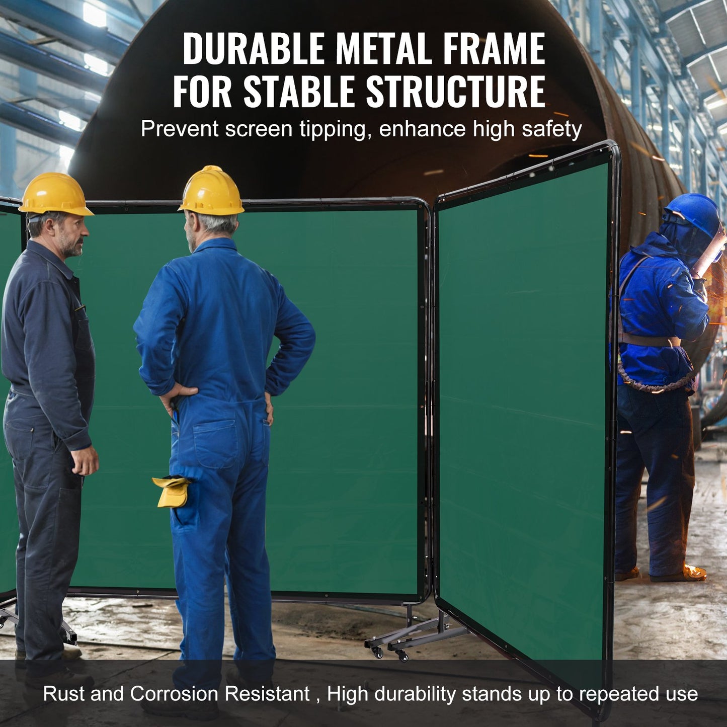 Welding Screen with Frame, 182.9 cm x 182.9 cm 3 Panel Welding Curtain Screens, Flame-Resistant Vinyl Welding Protection Screen on 12 Swivel Wheels (6 Lockable), Moveable & Professional for Workshop, Green