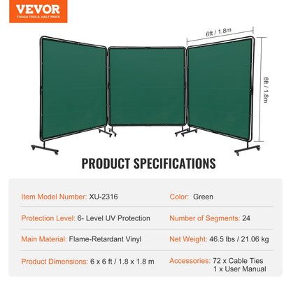Welding Screen with Frame, 182.9 cm x 182.9 cm 3 Panel Welding Curtain Screens, Flame-Resistant Vinyl Welding Protection Screen on 12 Swivel Wheels (6 Lockable), Moveable & Professional for Workshop, Green