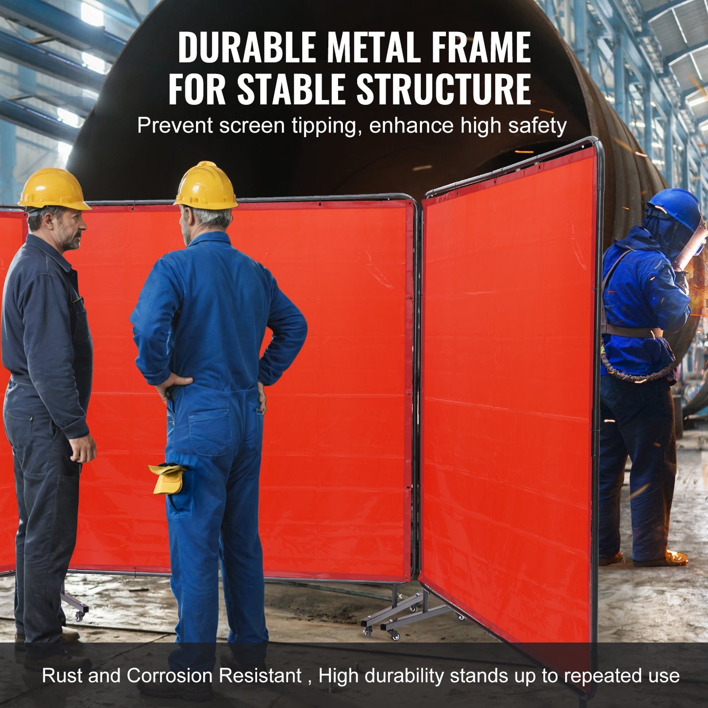 Welding Screen with Frame, 1.8 x 1.8 m 3 Panel Welding Curtain Screens, Flame-Resistant Vinyl Welding Protection Screen on 12 Swivel Wheels (6 Lockable), Moveable & Professional for Workshop, Red