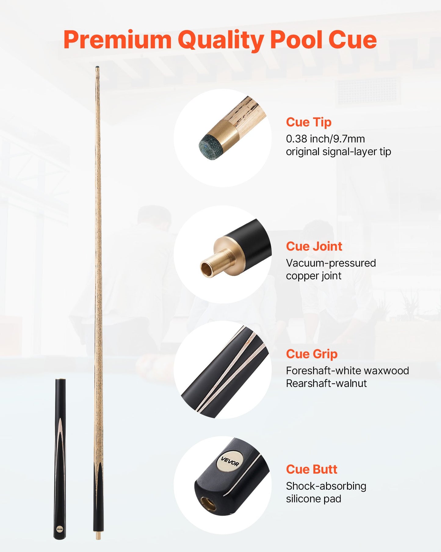Biljardkö, 1447,8 mm ledad snookerkö, snookerköklubba med förlängningsstång och 9,7 mm läderspets, 538 g biljardklubba för professionellt biljardbord, bar, hem, kontor, inkluderar träfodral