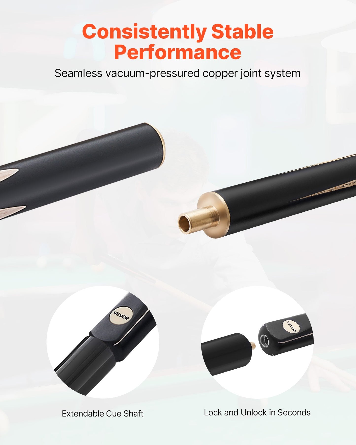 Biljardkö, 1447,8 mm ledad snookerkö, snookerköklubba med förlängningsstång och 9,7 mm läderspets, 538 g biljardklubba för professionellt biljardbord, bar, hem, kontor, inkluderar träfodral