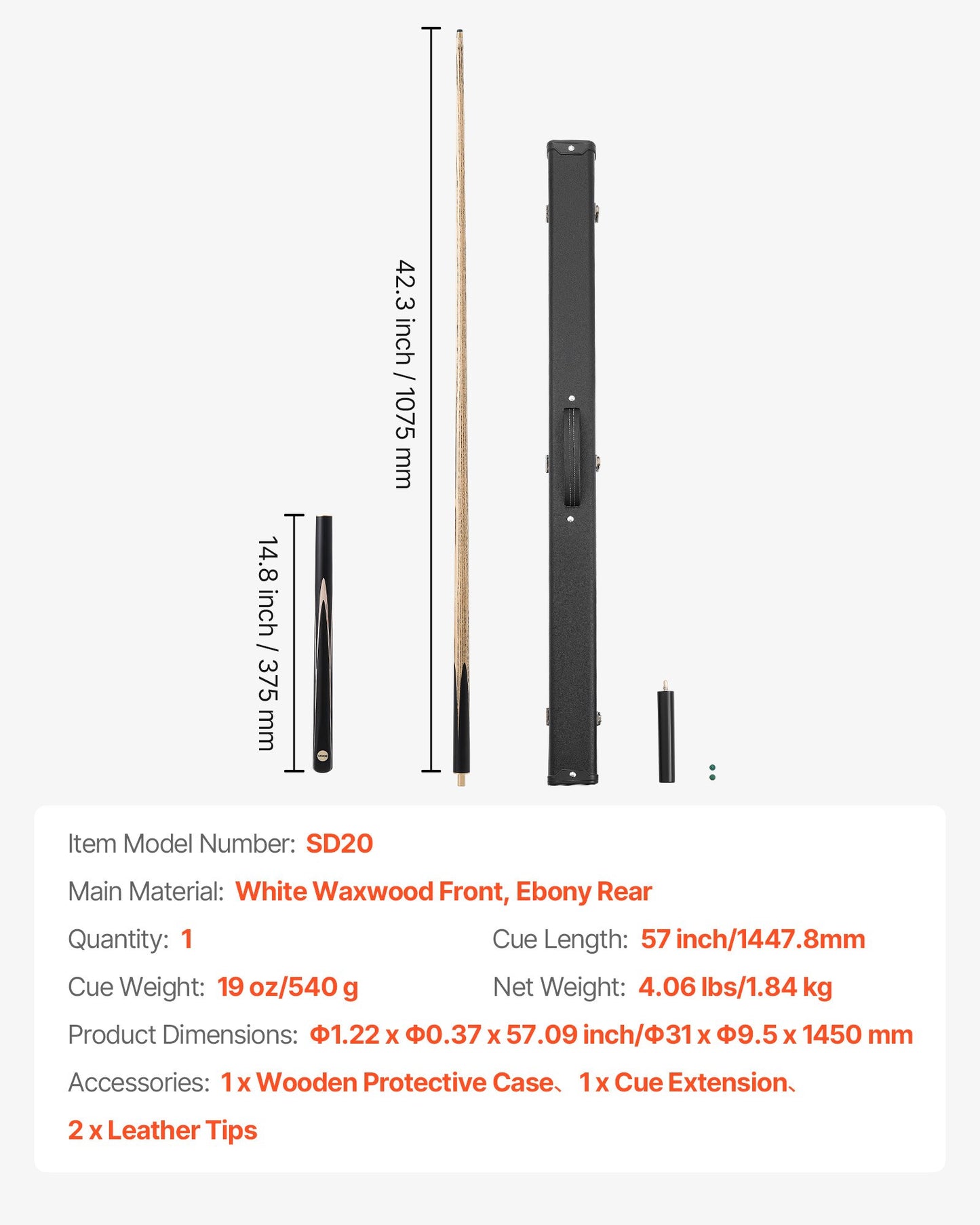 Biljardkö, 1447,8 mm ledad snookerkö, snookerköklubba med förlängningsstång och 9,7 mm läderspets, 538 g biljardklubba för professionellt biljardbord, bar, hem, kontor, inkluderar träfodral