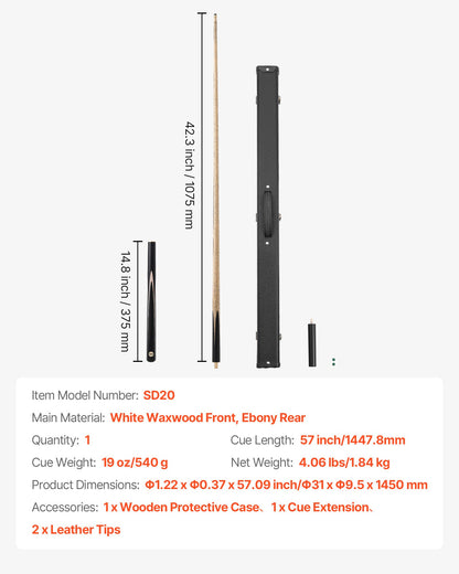 Biljardkö, 1447,8 mm ledad snookerkö, snookerköklubba med förlängningsstång och 9,7 mm läderspets, 538 g biljardklubba för professionellt biljardbord, bar, hem, kontor, inkluderar träfodral