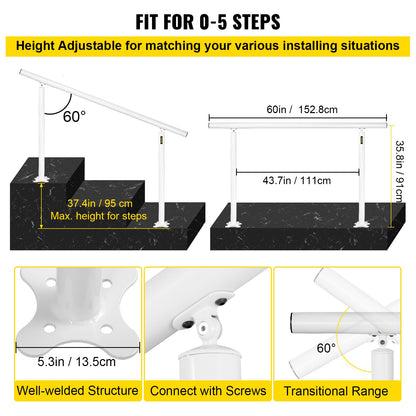 Stair Railing Kit, 152.4 cm Handrails for Outdoor 0-5 Steps, Adjustable Angle White Aluminum Stair Handrail, Indoor & Outdoor Stairs for the Elderly