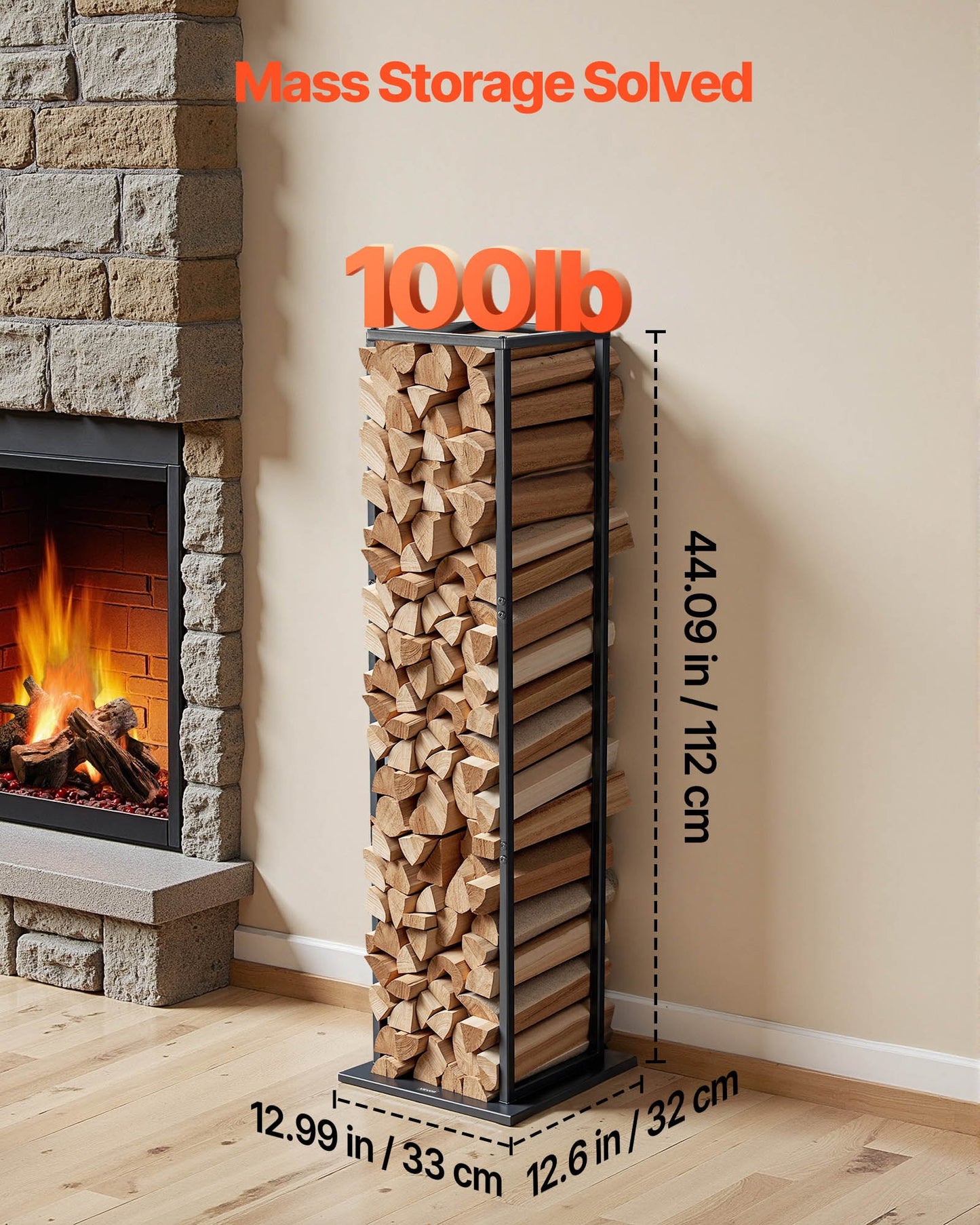 Indoor Firewood Rack, 33 × 32 × 112 cm Log Stacker Holder, Holds up to 45kg, Tall Wood Storage Stand, Powder-Coated Steel Firewood Holder, Heavy Duty Wood Pile Rack for Fireplace