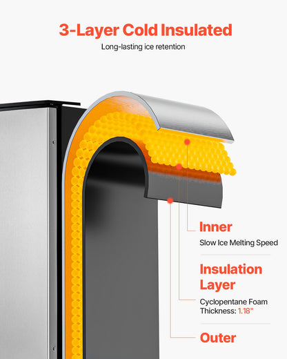 Undercounter Built-in Ice Maker, 80 Lbs/Day Under Counter Ice Maker Machine with Reversible Door Stainless Steel, Freestanding Ice Maker for Commercial Home Kitchen, Electric Drainage