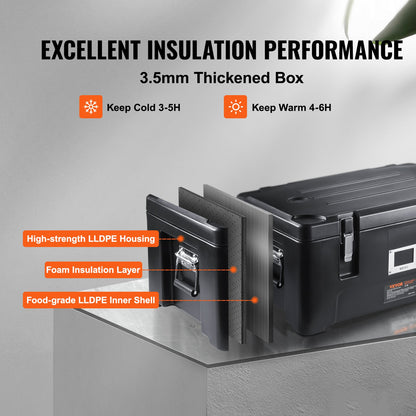 Insulated Food Pan Carrier, 36Qt Capacity, Stackable Catering Hot Box with 3 Stainless Steel Pans, Top Load LLDPE Food Warmer with Elastic Side Handles and Buckles, for Restaurant Canteen, Black