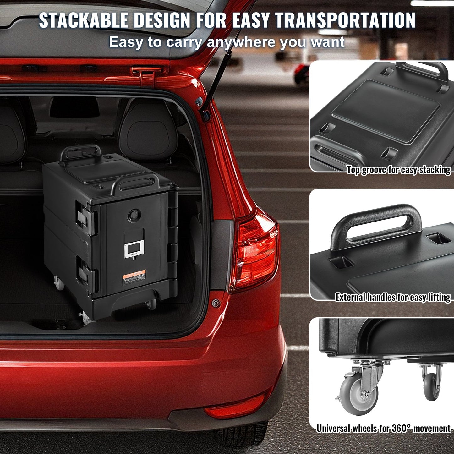Insulated Food Pan Carrier, 81 Qt Hot Box for Catering, Food Box Carrier with Double Buckles, Front Loading Food Warmer with Handles, Stackable End Loader with Wheels for Restaurant, Canteen