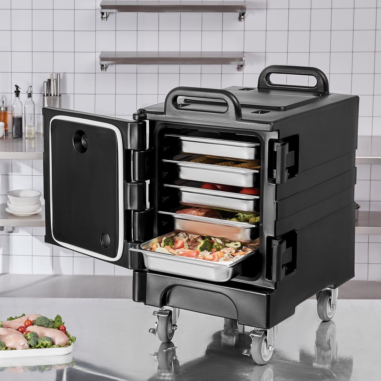 Insulated Food Pan Carrier, 81 Qt Hot Box for Catering, Food Box Carrier with Double Buckles, Front Loading Food Warmer with Handles, Stackable End Loader with Wheels for Restaurant, Canteen