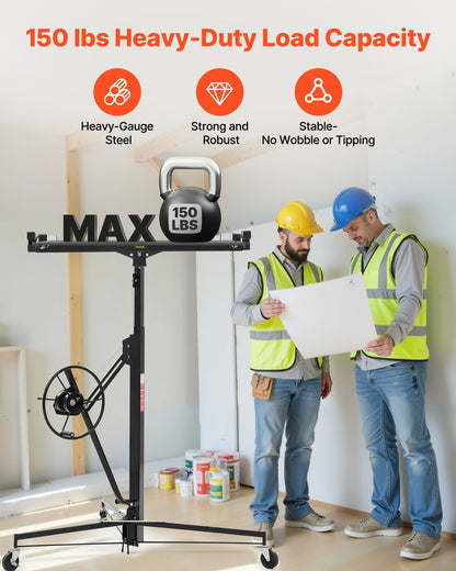 3353 mm gipslyft, kraftig 68 kg gipskivotlyft med justerbar teleskoparm, låsbara hjul, gipslyft, paneldomkraft, lyftverktyg, idealisk för tak- och vägginstallation (svart)