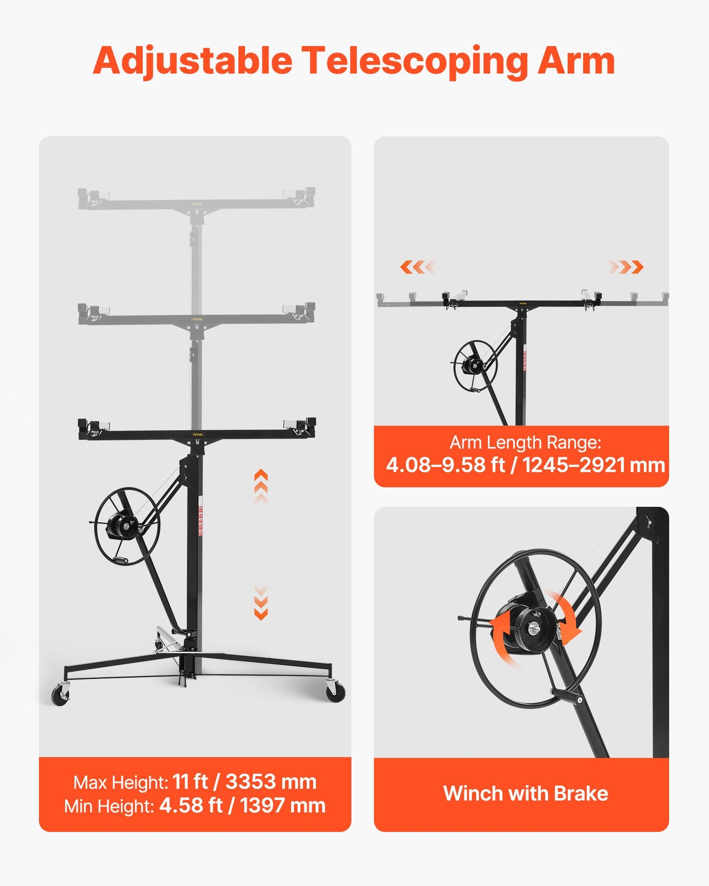 3353 mm gipslyft, kraftig 68 kg gipskivotlyft med justerbar teleskoparm, låsbara hjul, gipslyft, paneldomkraft, lyftverktyg, idealisk för tak- och vägginstallation (svart)