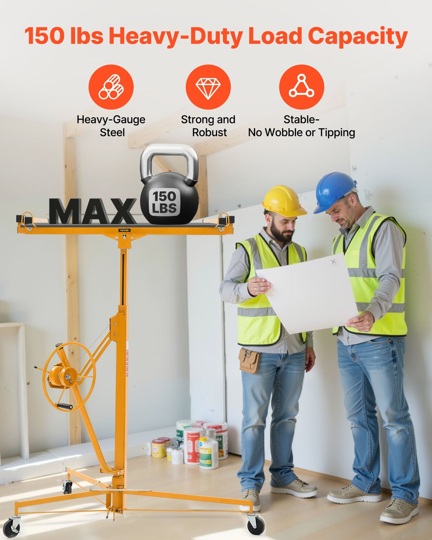 3353 mm gipslyft, kraftig 68 kg gipskivotlyft med justerbar teleskoparm, låsbara hjul, gipslyft, paneldomkraft, lyftverktyg, idealisk för tak- och vägginstallation (gul)