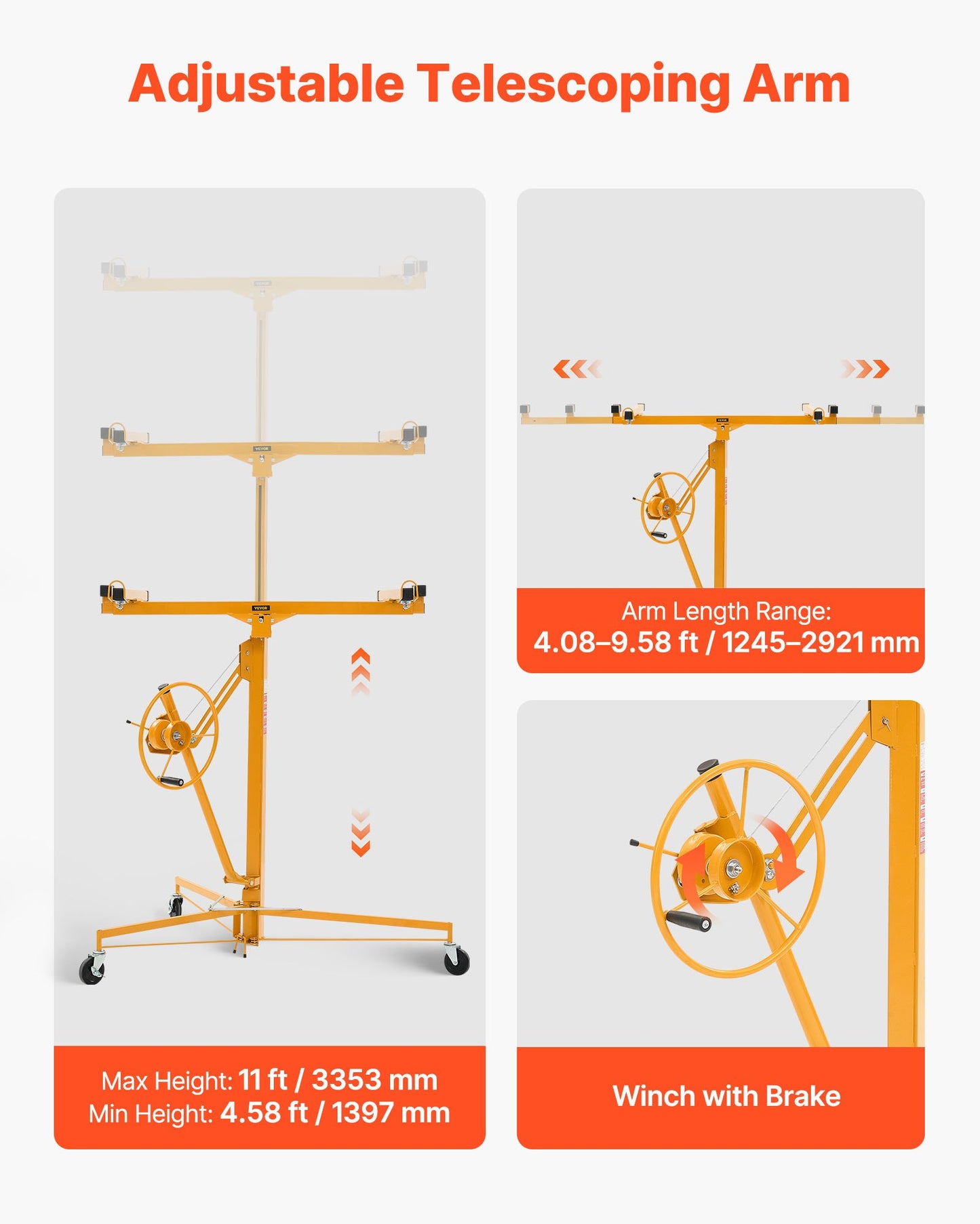 3353 mm gipslyft, kraftig 68 kg gipskivotlyft med justerbar teleskoparm, låsbara hjul, gipslyft, paneldomkraft, lyftverktyg, idealisk för tak- och vägginstallation (gul)