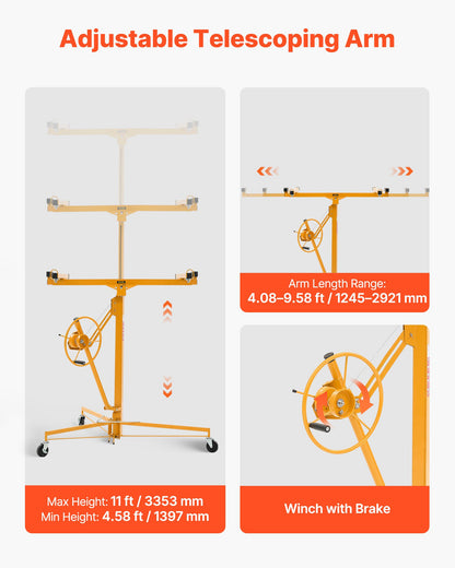 3353 mm gipslyft, kraftig 68 kg gipskivotlyft med justerbar teleskoparm, låsbara hjul, gipslyft, paneldomkraft, lyftverktyg, idealisk för tak- och vägginstallation (gul)