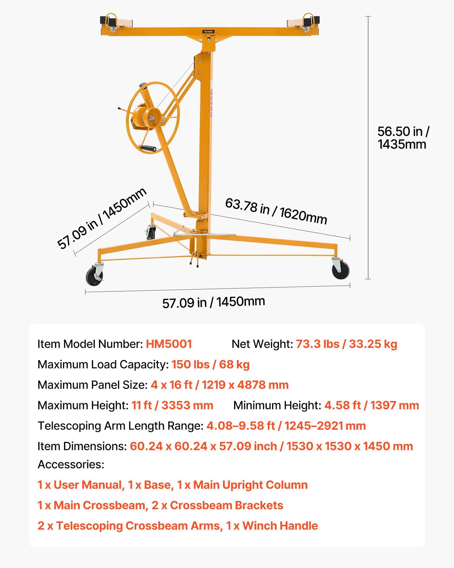 3353 mm gipslyft, kraftig 68 kg gipskivotlyft med justerbar teleskoparm, låsbara hjul, gipslyft, paneldomkraft, lyftverktyg, idealisk för tak- och vägginstallation (gul)
