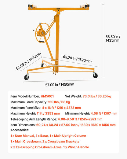 3353 mm gipslyft, kraftig 68 kg gipskivotlyft med justerbar teleskoparm, låsbara hjul, gipslyft, paneldomkraft, lyftverktyg, idealisk för tak- och vägginstallation (gul)