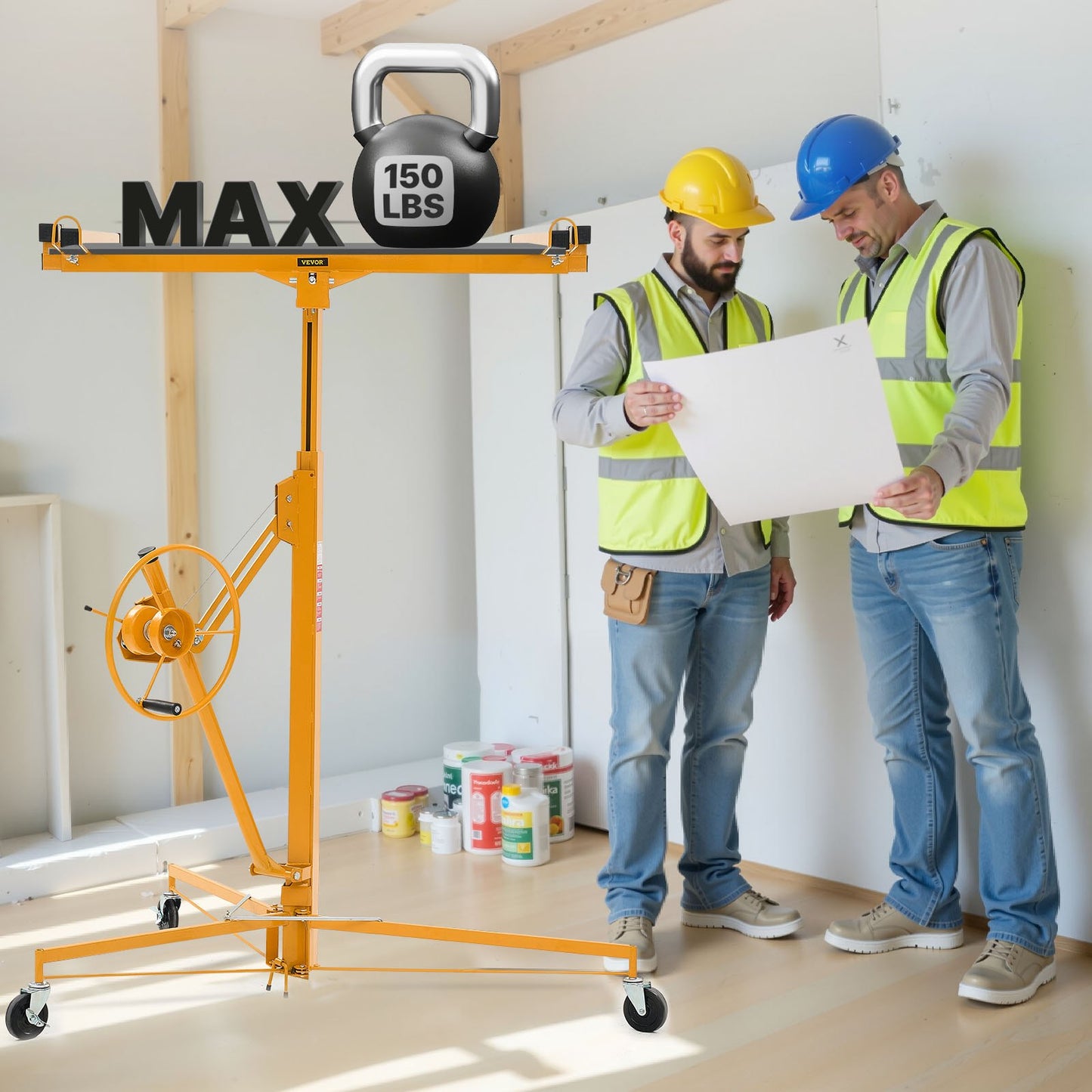 3353 mm gipslyft, kraftig 68 kg gipskivotlyft med justerbar teleskoparm, låsbara hjul, gipslyft, paneldomkraft, lyftverktyg, idealisk för tak- och vägginstallation (gul)