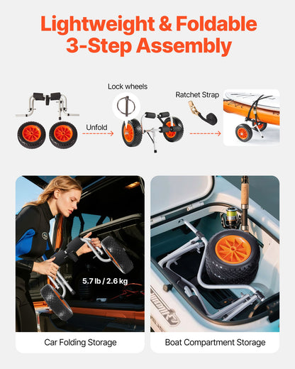 Kayak Cart, 90 kg Load Capacity, Foldable Kayak Trolley with 25.4 cm Solid Rubber Tires & 1 Ratchet Strap, Paddle Board Trolley for Carrying Kayaks, Canoes, Paddleboards, Float Mats, Jon Boats