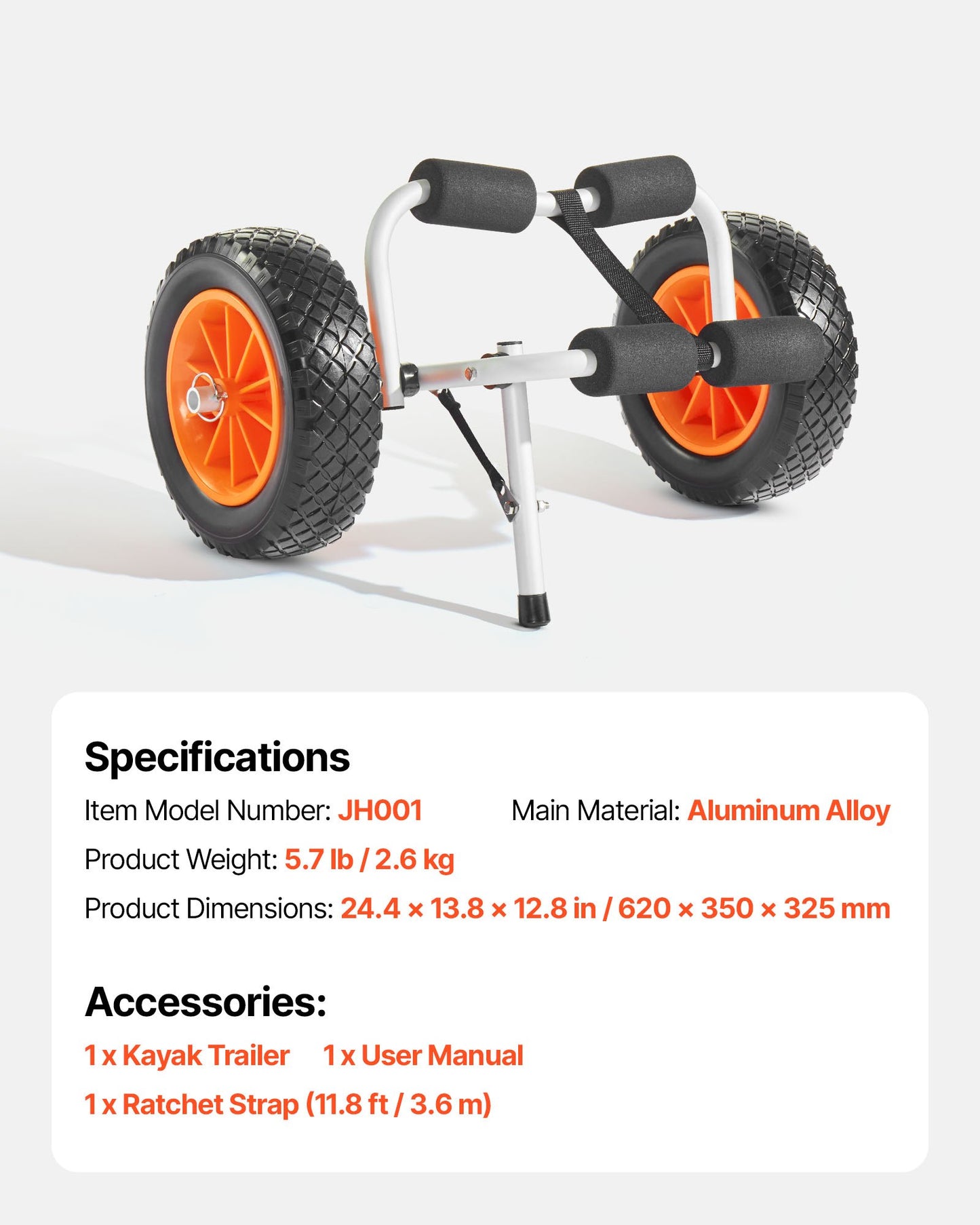 Kayak Cart, 90 kg Load Capacity, Foldable Kayak Trolley with 25.4 cm Solid Rubber Tires & 1 Ratchet Strap, Paddle Board Trolley for Carrying Kayaks, Canoes, Paddleboards, Float Mats, Jon Boats