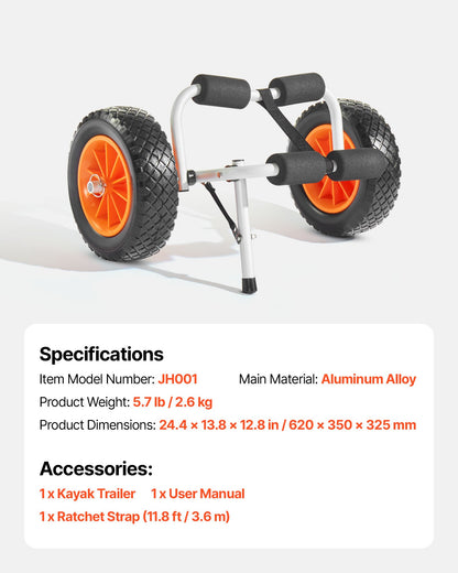 Kayak Cart, 90 kg Load Capacity, Foldable Kayak Trolley with 25.4 cm Solid Rubber Tires & 1 Ratchet Strap, Paddle Board Trolley for Carrying Kayaks, Canoes, Paddleboards, Float Mats, Jon Boats