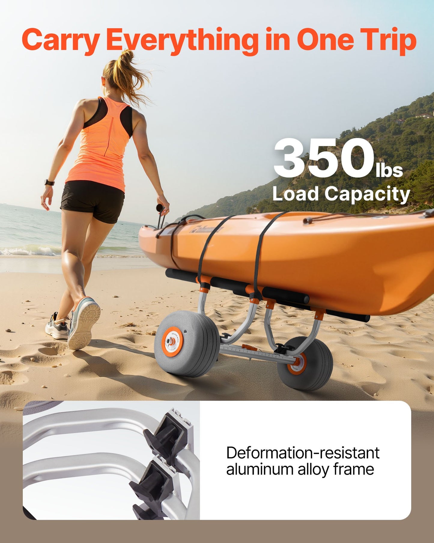 Kayak Cart, 158.8 kg Load Capacity, Kayak Trolley with 30.5 cm Inflatable PU Tires & 2 Straps, Assembles & Disassembles Within Seconds, Paddle Board Trolley for Carrying Kayaks and Canoes