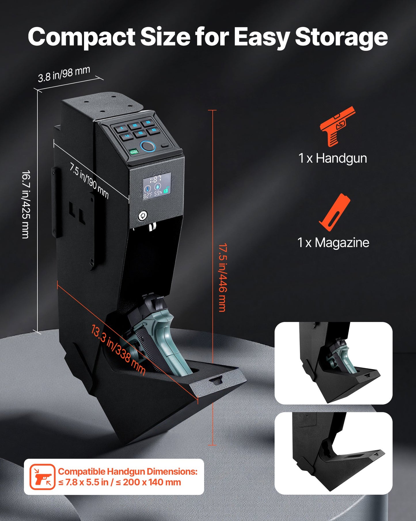 Vapenskåp, skjutbart vapenskåp med skärm, fingeravtryck/lösenord/nyckel, 3-vägs snabb åtkomstvapenlåda med LED för 1 pistol och magasin, monterad vapenlåda för nattduksbord, sängbord, bil