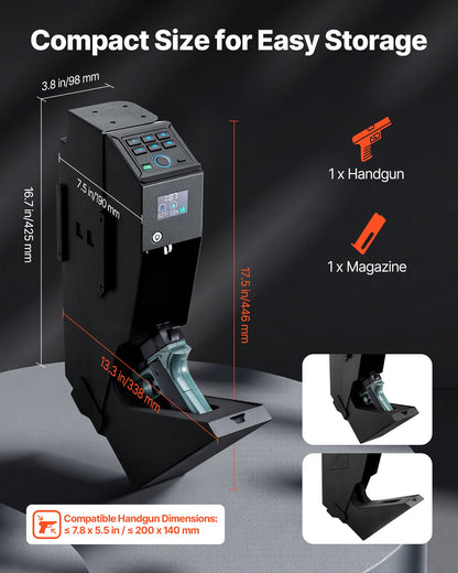 Vapenskåp, skjutbart vapenskåp med skärm, fingeravtryck/lösenord/nyckel, 3-vägs snabb åtkomstvapenlåda med LED för 1 pistol och magasin, monterad vapenlåda för nattduksbord, sängbord, bil