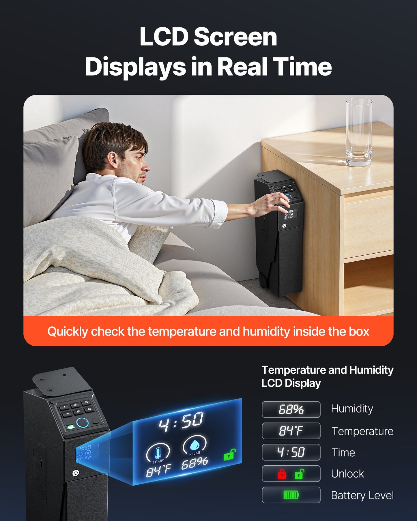 Vapenskåp, skjutbart vapenskåp med skärm, fingeravtryck/lösenord/nyckel, 3-vägs snabb åtkomstvapenlåda med LED för 1 pistol och magasin, monterad vapenlåda för nattduksbord, sängbord, bil