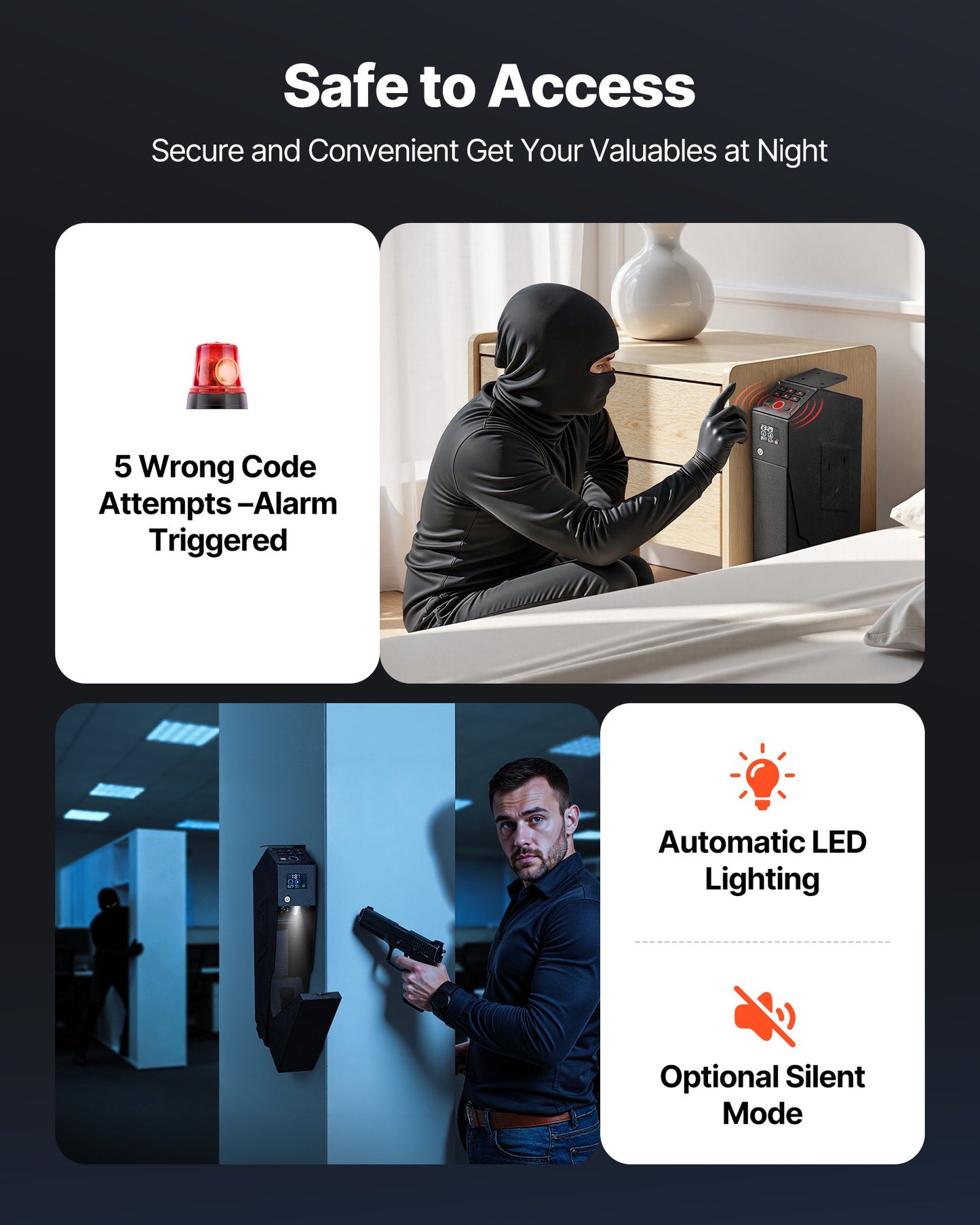 Vapenskåp, skjutbart vapenskåp med skärm, fingeravtryck/lösenord/nyckel, 3-vägs snabb åtkomstvapenlåda med LED för 1 pistol och magasin, monterad vapenlåda för nattduksbord, sängbord, bil