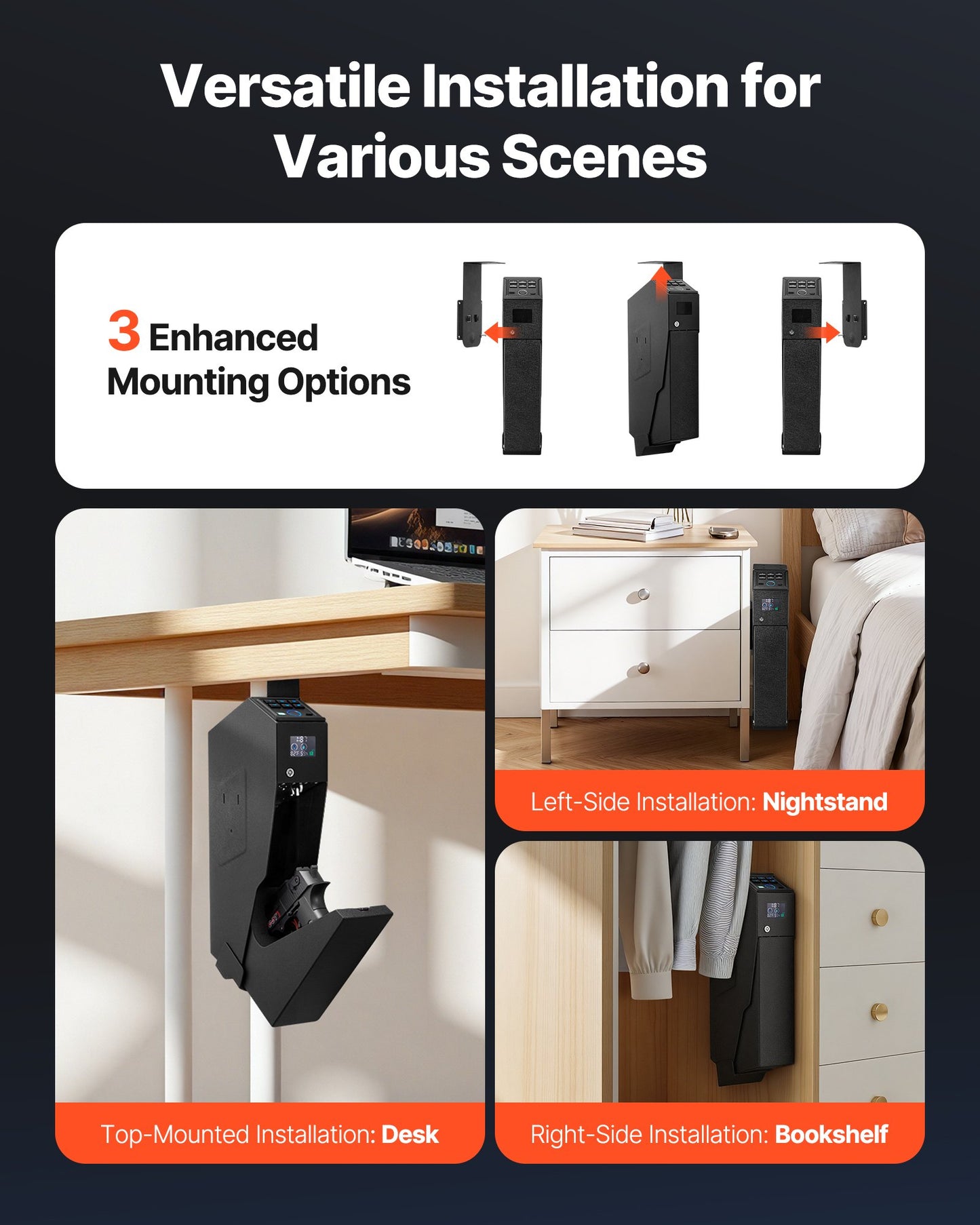 Vapenskåp, skjutbart vapenskåp med skärm, fingeravtryck/lösenord/nyckel, 3-vägs snabb åtkomstvapenlåda med LED för 1 pistol och magasin, monterad vapenlåda för nattduksbord, sängbord, bil