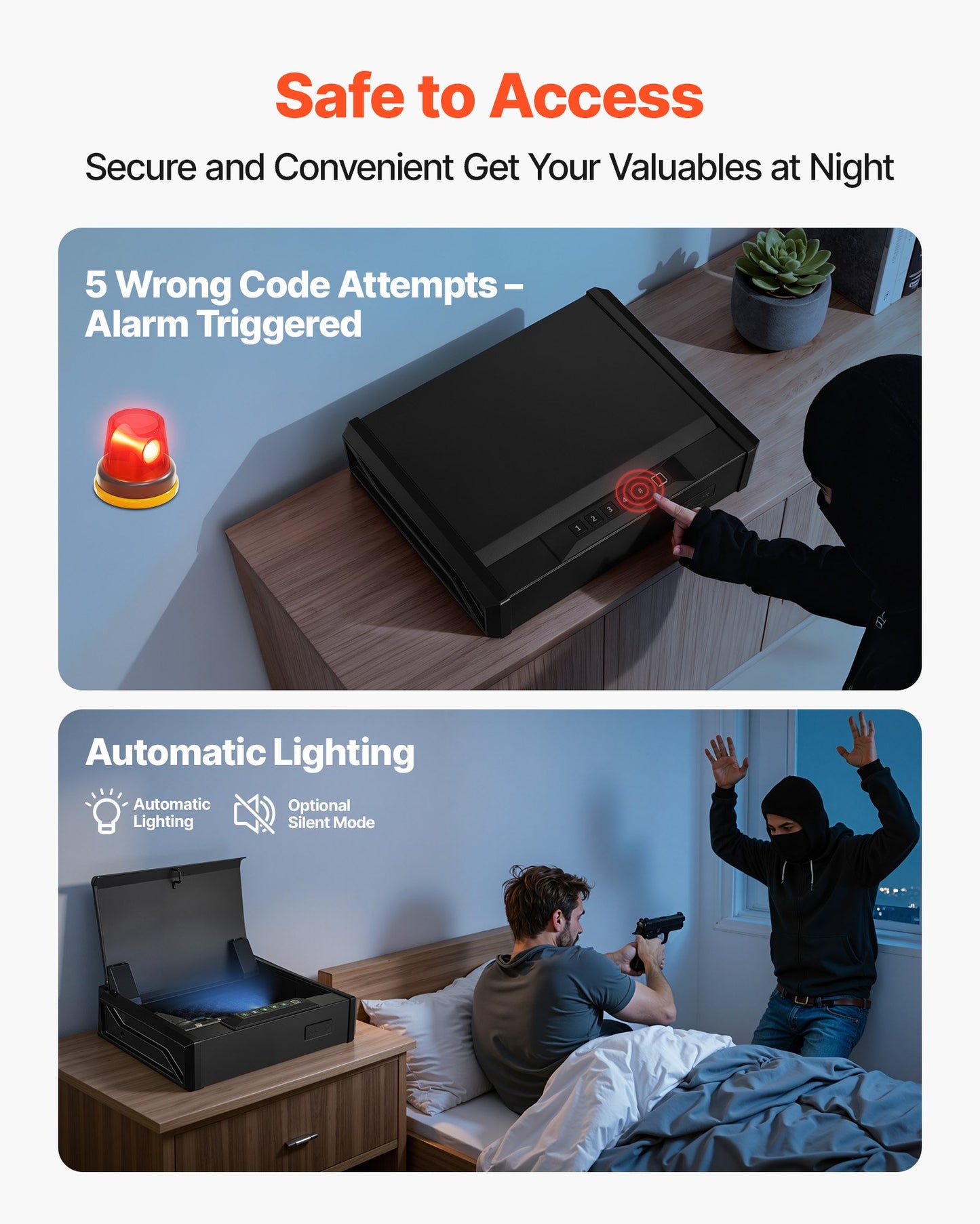 Vapenskåp, Robust vapenskåp med fingeravtryck/lösenord/nyckel, 3-vägs snabb åtkomst för vapen med belysning för 2 pistoler och 2 magasin, Pistolvapenlåda för nattduksbord, sängbord, bil